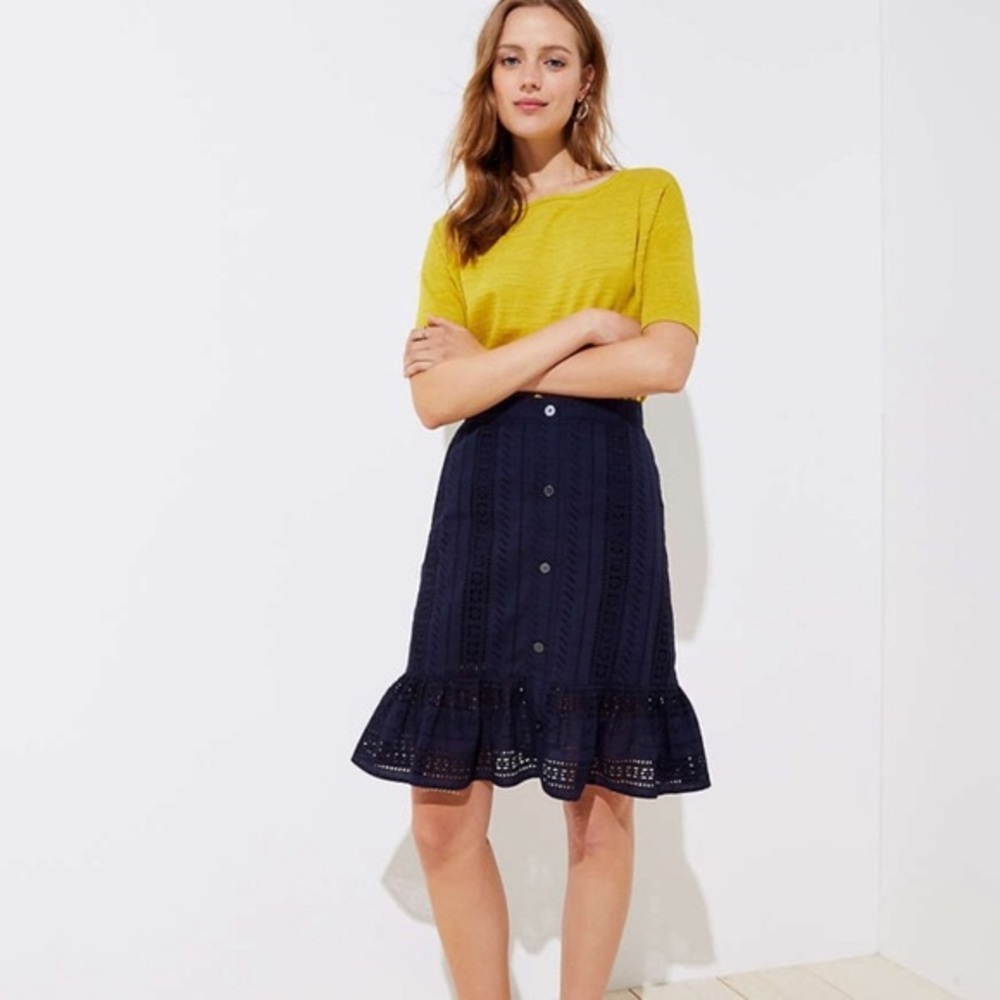 LOFT Eyelet Navy Skirt with Buttons